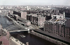 Blick über den Zollkanal zur Speicherstadt mit seinen kupfergedeckten Giebeltürmen. An der Kornhausbrücke ist eine Zollstation, da hier das Gelände des Hamburger Freihafens betreten wurde.