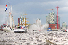 Hafengeburtstag der Hansestadt Hamburg - Tradtionssegler, Segelschiffe und Fahrgastschiffe mit Touristen vor dem Gebäude der Elbphilharmonie.