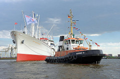Museumsschiff CAP SAN DIEGO wendet mit Hilfe des Schleppers BUGSIER 15 auf der Elbe.