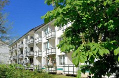 Wohnblocks - Balkons in der Sonne; Kastanienbaum mit Blüten - Bilder aus dem Hamburger Stadtteil Stellingen.