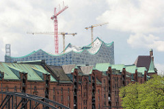 Kupfergedeckte Dächer und Giebeltürme der Backsteinarchitektur der historischen Hamburger Speicherstadt. Im Hintergrund das Dach und Baukräne an der Elbphilharmonie.