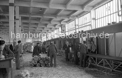 Lagerschuppen 37 im Hamburger Hafen / Segelschiffhafen; ein Förderband läuft entlang der in der Lagerhalle stehenden Güterwaggons, in die die Bananenstauden verladen werden.