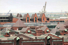 Dächer und Windengiebel in der Hamburger Speicherstadt - im Hintergrund ein Hafenkran am Hansahafen.