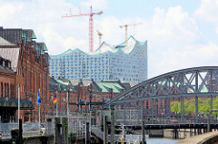 Kupfergedeckte Dächer und Giebeltürme der Backsteinarchitektur der historischen Hamburger Speicherstadt. Im Hintergrund das Dach und Baukräne an der Elbphilharmonie.