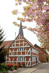 Fachwerkgebäude in der Strasse Grosse Seite von Borstel / Jork, blühende Kirschbäume / japanische Zierkirschen - rosa Blüte.