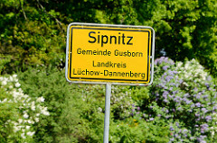 Ortsschild Sipnitz, Gemeinde Gusborn - Landkreis Lüchow Dannenberg.