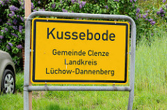 Ortsschild Kussebode, GEmeinde Clenze, Landkreis Lüchow-Dannenberg.