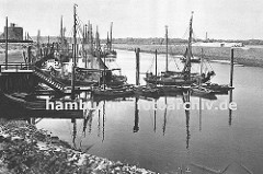 Hafenanlage von Hamburg Finkenwerder; Fischkutter liegen am Steg oder an Dalben; dazwischen kleinere Holzboote - links im Vordergrund ein offenes Festmacherboot. Vom Kai führt eine Wassertreppe zum Bootssteg hinunter.