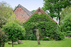 Mit Efeu bewachsener Schuppen - Häuser in Luckau / Wendland.