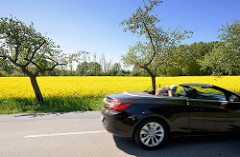 Sonniger Frühlingstag im Wendland - blühender Raps und Apfelbäume am Strassenrand - Capriofahrer.