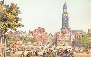 Blick über den Schaarmarkt zur St. Michaeliskirche in Hamburg - Bäuerinnen sitzen in Tracht vor ihren Körben auf dem Markt; Wohnhäuser an der Michaeliskirche, ca. 1850.