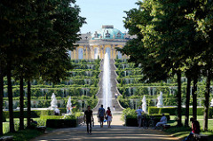 Spaziergänger unter schattigen Bäumen im Park Sanssouci - Springbrunnen und Weinbergterrassen - Schloss Sanssouci.
