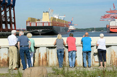 Schaulustige beobachten das Frachtschiff MSC ZOE an seinem Liegeplatz im Hafen Hamburgs.