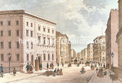Blick vom Grossen Burstah in die Grosse Johannisstrasse in der Hamburger Altstadt, ca. 1848.