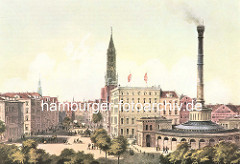 Blick in die Steinstrasse in der Hamburger Altstadt - der Kirchturm der St. Jakobikirche überragt die Hausdächer - re. der Schornstein und die Rotunde der Bade- und Waschanstalt am Schweinemarkt.