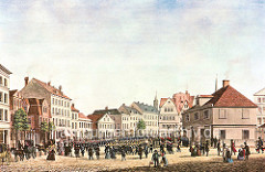 Historische Darstellung vom Gänsemarkt in der Hamburger Neustadt, ca. 1840. Parade des Bürgermilitärs, re. die Gänsemarkt-Wache - im Hintergrund die Spitzen der Kirchtürm St. Petri und Jacobi.