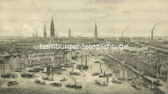 Hamburg Panorama - Blick über den Binnenhafen zur Hamburger Innenstadt mit den Kirchtürmen der Hauptkirchen.