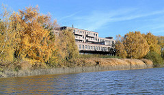 Herbstbäume am Ufer vom Hovekanal im Gewerbegebiet auf der Peute von Hamburg Veddel - historische Industriearchitektur.