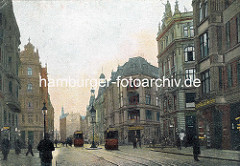 Blick in die historische Kaiser Wilhelm Strasse im Hamburger Stadtteil Neustadt - im Hintergrund die Mündung in den jetzigen Brahmsplatz.