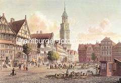 Historische Ansicht vom Grossneumarkt im Hamburger STadtteil Neustadt; Fachwerkhäuser und Turm der St. Michaeliskirche.