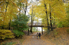 Historische Knüppelbrücke im Jenischpark von Hamburg Othmarschen - erstmals 1787 errichtet; SpaziergängerInnen mit Hund im Herbstwald.