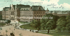 Historische Ansicht vom Sievekingplatz in der Hamburger Neustadt - Blick auf das Strafjustizgebäude; die Grünanlage re. gehört zu den Wallanlagen.