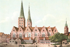 Historische Ansicht vom Alten Mariendom in der Altstadt Hamburgs, dahinter der Kirchturm der Petrikirche, lks. die St. Jacobikirche.