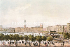 Historische Darstellung von der wiederaufgebauten Hansestadt Hamburg nach dem Grossen Brand von 1842, dem Kirchturm der St. Petrikirche fehlt noch die Kirchturmspitze. Im Vordergrund lustwandeln die Hamburger an der Promenade vom Neuen Jungfernst