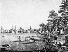 Altes Bild von der Hamburger Alster - Gasthaus Zum Raben, Holzsteg mit Ruderbooten - Reiter auf seinem Pferd; im Hintergrund das Panorama mit Kirchtürmen vom alten Hamburg.