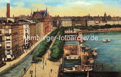 Alte colorierte Darstellung vom Jungfernstieg an der Hamburger Binnenalster. Alsterdampfer am Anleger beim Alsterpavillion, Geschäftshäuser an der Alster.