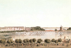 Hamburgensie von der Hamburger Binnenalster - am Jungfernstieg promenieren die HamburgerInnen unter Bäumen, lks. der Alsterpavillion und der Neue Jungfernstieg - am Ende der historischen Häuserzeile das Amsinck'sche Stadthaus mit seinen neugotisc