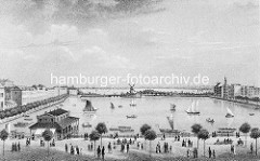 Hamburgensie von der Binnenalster - Promenade am Alsterufer / JungfernstiegSegelboote auf der Alster - Windmühle an der Lombardsbrücke.