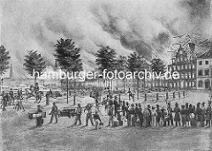 Beim Grossen Brand in Hamburg 1842 werden Häuser am Jungfernstieg gesprengt, um den Brand aufzuhalten.