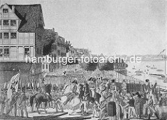 Historische Abbildung zur Hamburger Franzosenzeit 1806 / 1814 - Soldaten marschieren auf dem Jungfernstieg; Boote auf der Binnenalster.