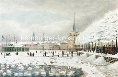 Winter an der Hamburger Binnenalster - Schwäne im Wasser, zugefrorene Alster, Spaziergänger und Schlitten. Im Hintergrund Gebäude am Alsterdamm.