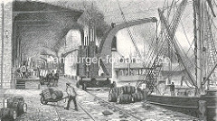 Alte Darstellung / Zeichnung von der Arbeit am Hafenkai im Hamburger Hafen / Sandtorhafen. Ein Dampfkran löscht die Fracht eines Schiffs, Fässer liegen auf dem Kai und der Laderampe. Ein Hafenarbeiter transportiert Kiste   und Fass mit einer Schub