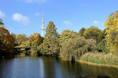 Grünanlage in der Hamburger Innenstadt - Herbst in den Wallanlagen, Teich als Rest der Befestigungsanlage - Fernsehturm.
