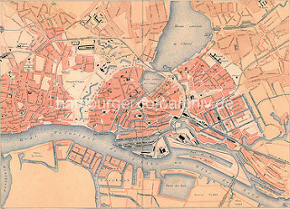 Historischer Plan von der Hansestadt Hamburg - Lauf der Elbe / Alster, Hafenanlagen und Reste vom Wallring; ca. 1890.