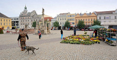 Karlsplatz / Karlovo náměstí in Kolin -  städtische Architektur des späten Barock, Renaissance und klassizistischer Historismus. Wochenmarkt mit Blumenstand - Spaziergänger in Tarnuniform mit Hund.