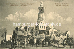 Carl Hagenbeck's Tierpark Stellingen - Berittene Beduinen vor der Moschee; Reiter auf Pferden und Maultieren.