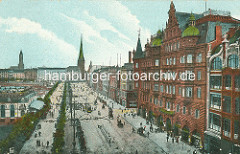 Historische Bilder aus der Hamburger Innenstadt / Neustadt - Blick über den Jungfernstieg Richtung Alsterdamm, Bergstrasse. Rechts das Gebäude Hamburger Hof, lks. der Alsterpavillon - Kutschen und Strassenbahnen fahren auf dem Jungfernstieg.