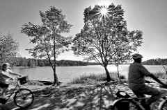 Radfahrer auf der Spreewald-Radroute bei Schlepzig - strahlender Himmel, Birken am Wasser; Gegenlicht-Fotografie, die Sonne strahlt durch die Bäume.