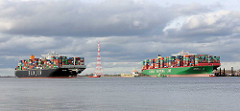 Der Continerfrachter Hanjin Asia fährt auf der Elbe bei Stade - daneben die festgefahrene, havarierte CSCL Indian Ocean.