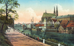 Historische Ansicht von der Neiße und Grölitz; Uferpromenade - Altstadtbrücke und St. Peter und Paul Kirche.