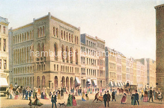 Die Tonhalle am Neuen Wall / Ecke Bleichenbrück in der Hamburger Neustadt wurde nach dem Grossen Brand von 1842  für Musikaufführungen errichtet. Passanten flannieren auf der Strasse - Pferdekutschen,  Arbeiter mit Schubkarre - Mädchen in Tracht.