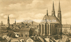 Altes Bild von der Görlitzer Peterskirche / St. Peter und Paul Kirche - Blick über die Stadt mit dem Rathausturm und den alten Befestigungstürmen.