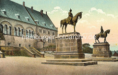 Historische Fotografie der Reiterstandbilder Kaiser Barbarosse Friedrich I. und Kaiser Wilhelm I. in Goslar vor der Kaiserpfalz.