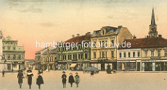 Coloriertes altes Bild vom Marktplatz in  Nymburk / Neuenburg an der Elbe;  Kinder auf dem Platz, Geschäfte.