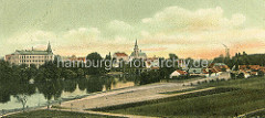 Historisches Panorama  Nymburk / Neuenburg an der Elbe - Blick über den Fluss zur Altstadt und St. Ägidius Kirche.