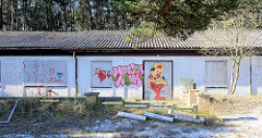 Unbenutzte, leerstehende Reihenhäuser, Ferienhäuser / ehem. Ferienanlage im Kiefernwald an der Ostsee in Prerow. Mit Holzplatten vernagelte Fenster und Türen - buntes Graffiti.
